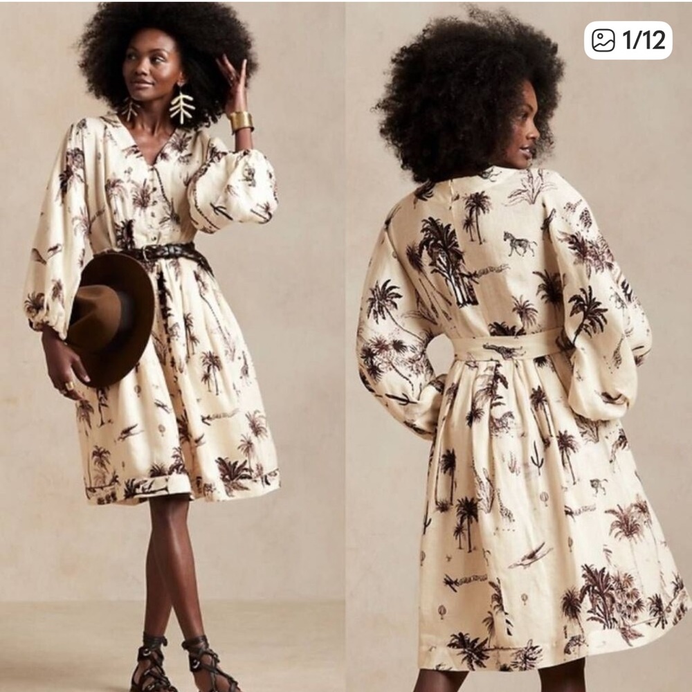 Banana Republic 100% Linen Safari Print Fit & Flare Belted Dress, Large
